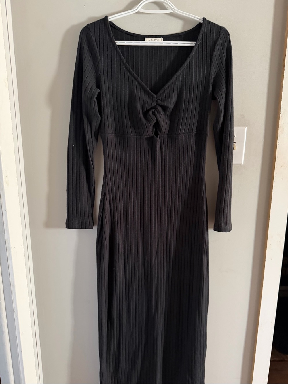 Z Supply Black Ribbed Long Sleeve Knot-Front Midi Dress